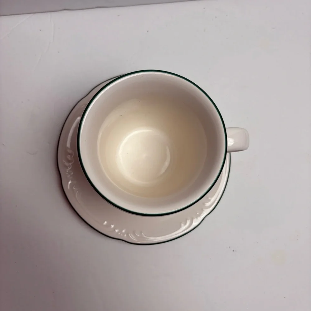 Pfaltzgraff Cream and Green Cup and Saucer Set Christmas Mistletoe Mug